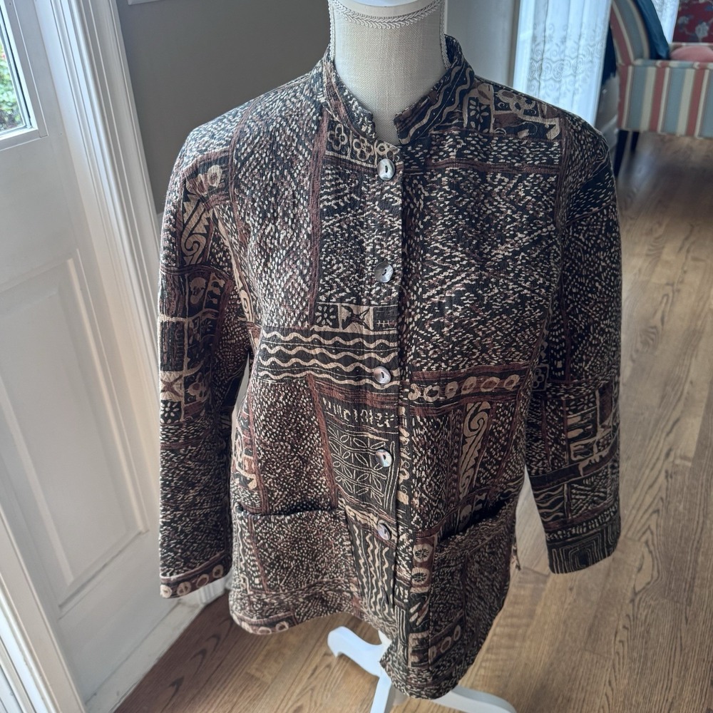 Chicos‎ Tapestry Jacket Cotton Brown Patchwork Button Front Mandarin Collar Sz 1